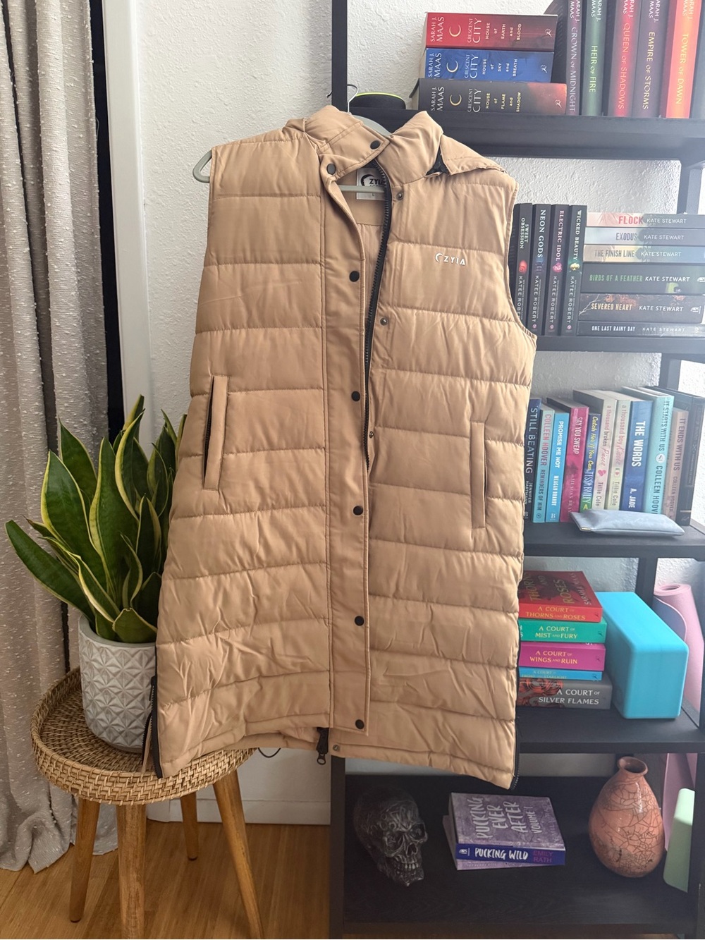 ZYIA Active Women's Long Quilted Hooded Vest in Camel